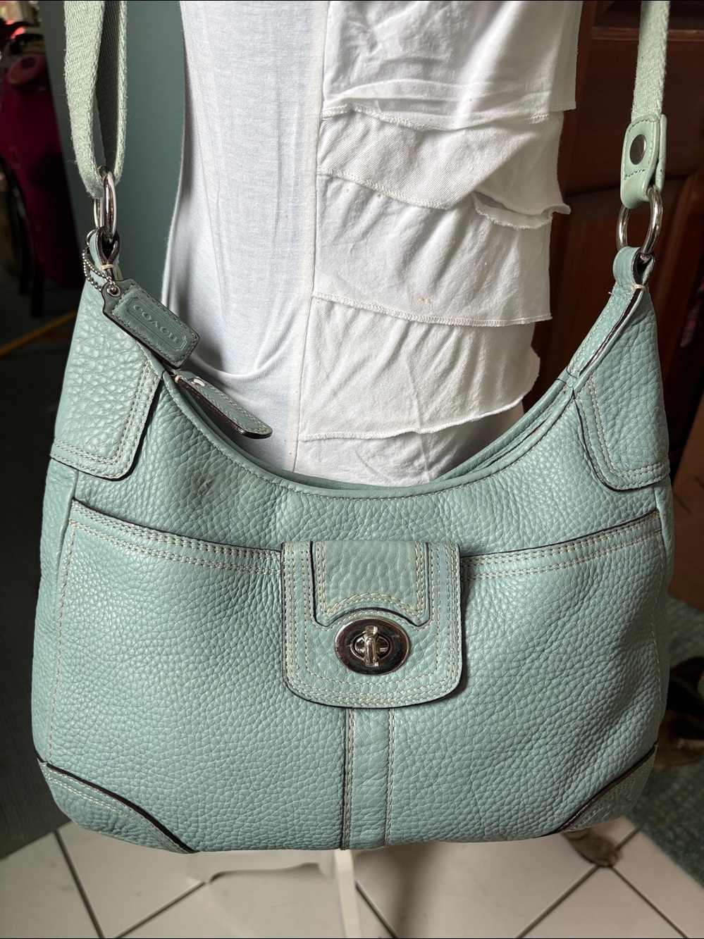 Coach shoulder bag Crossbody bag pebbled Leather icy mint green turn lock